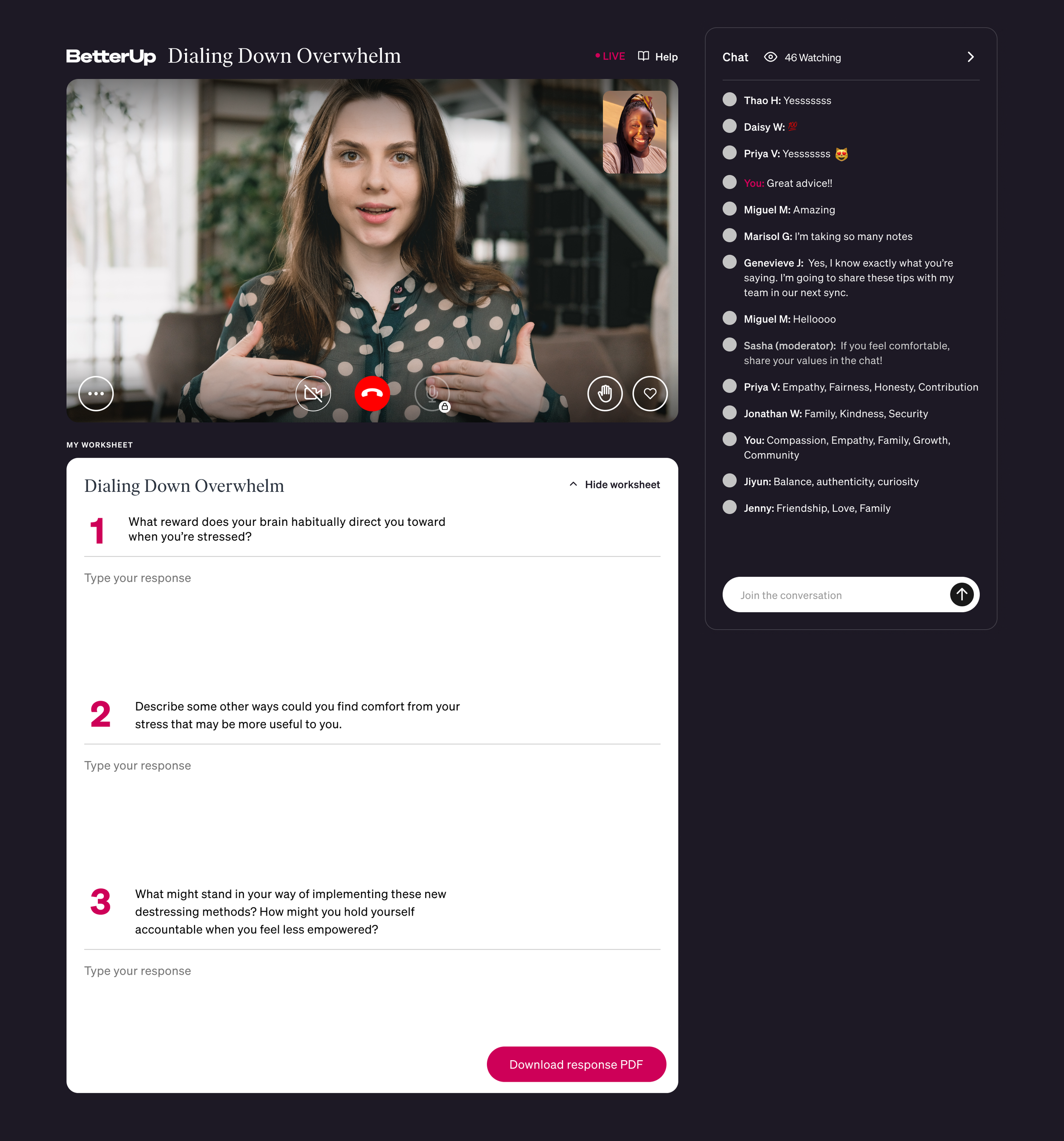  Once in the experience, members had access to several interactive enhancements.  The chat allowed for discussion among everyone in the event, and they could show appreciation for what was being discussed with on screen emojis.   The lower box could 